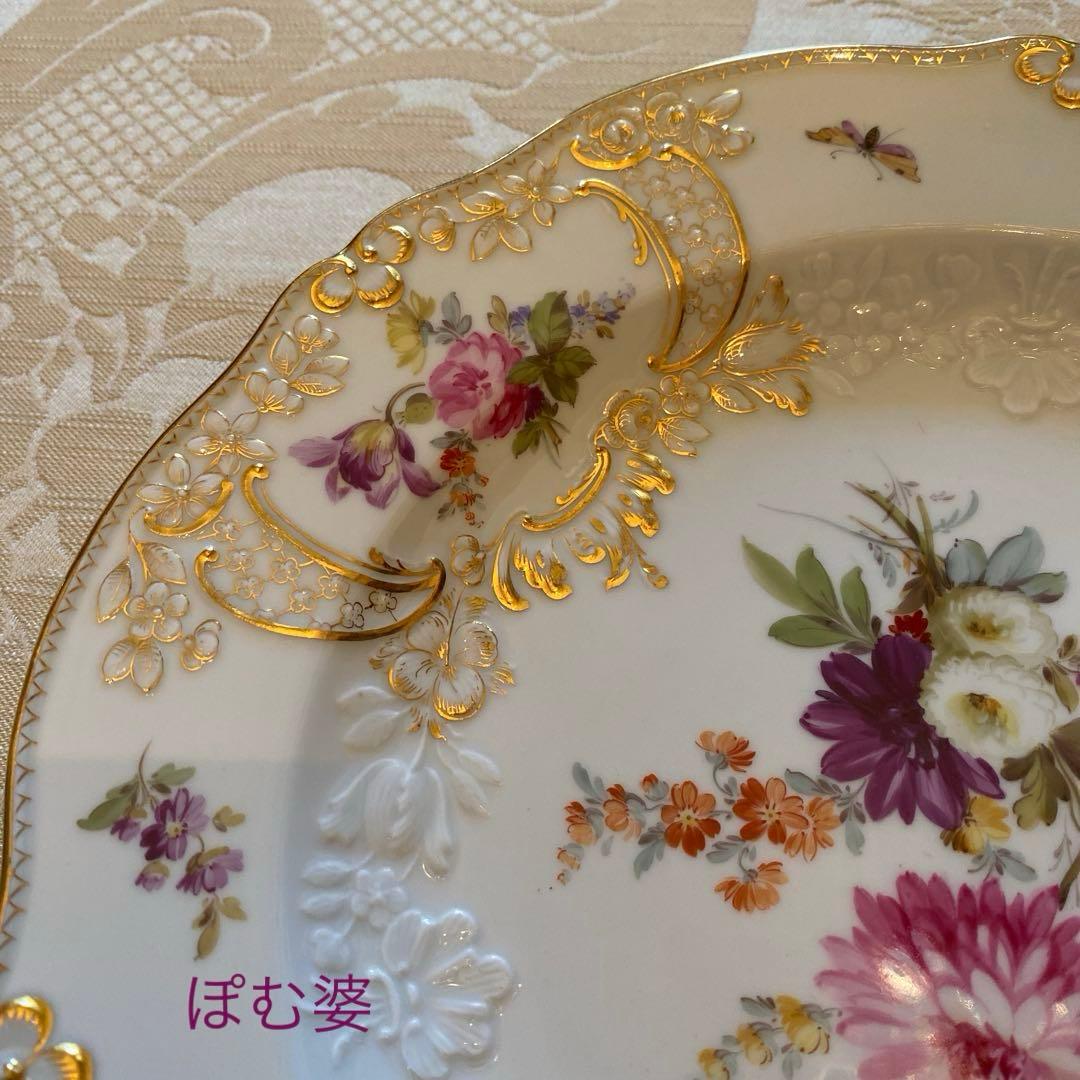 【古マイセン】金彩 花絵皿「ノイマルセイユ／フラワーブーケと昆虫」2枚