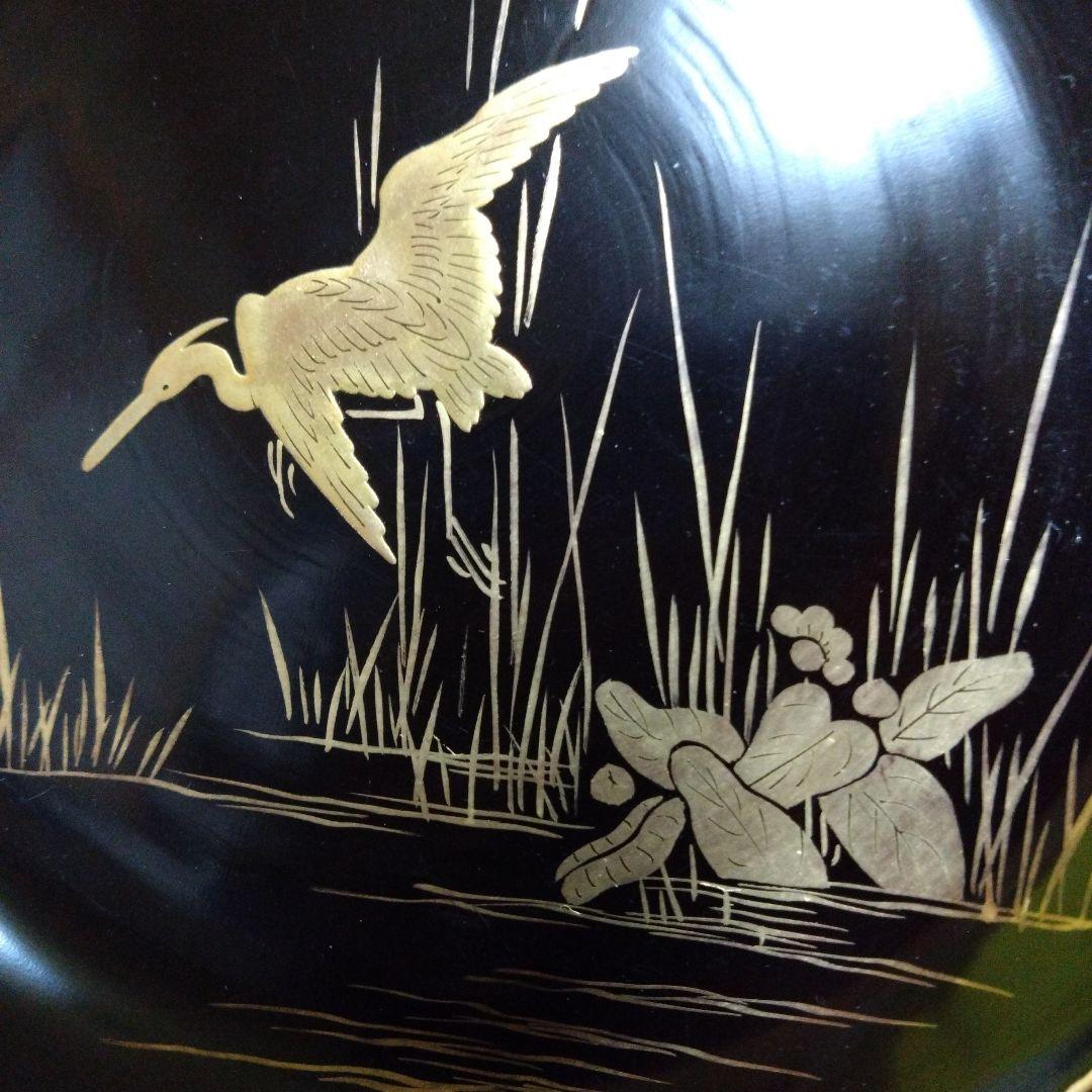 【漆器】輪島塗　江戸期　金蒔絵　金縁　本漆塗　天然木　白鷺紋様　水辺を飛立つ白鷺