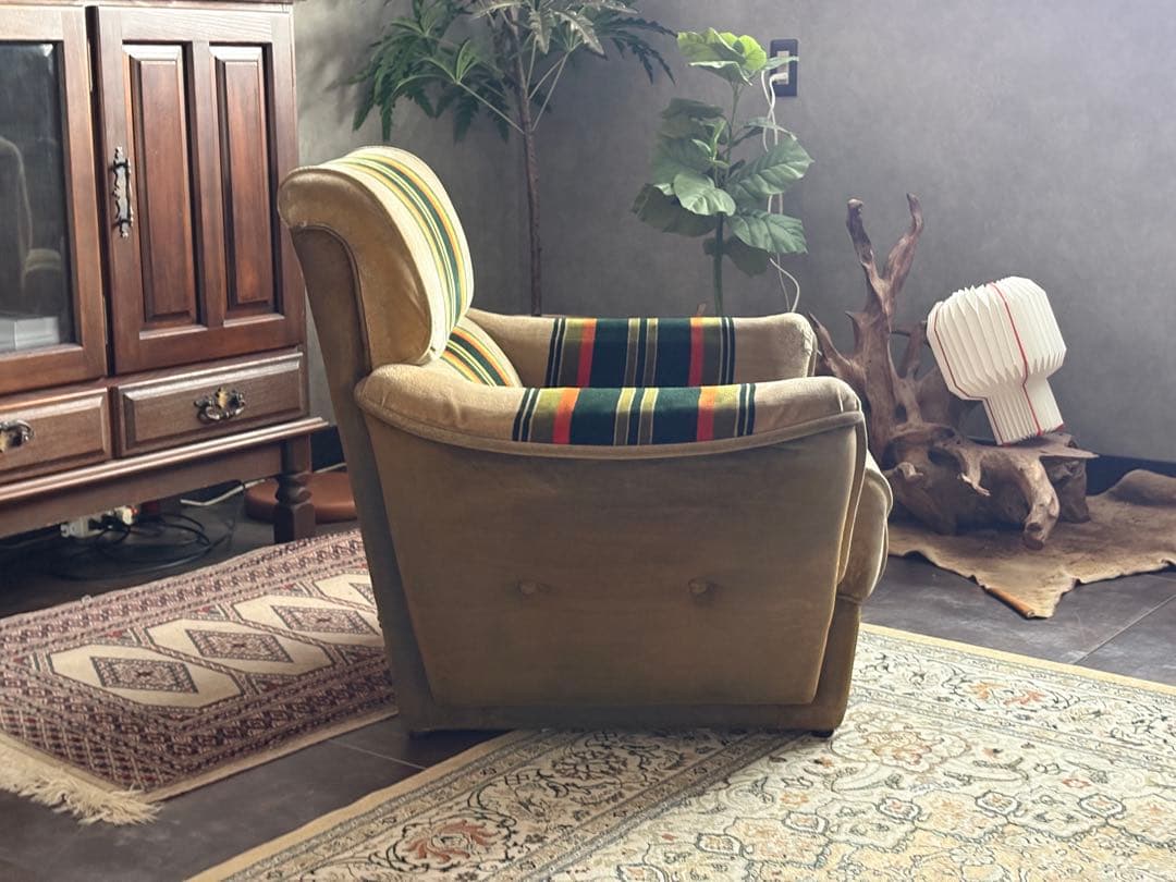 グリーンオレンジストライプ　ミッドセンチュリー　ヴィンテージ　1Pソファ