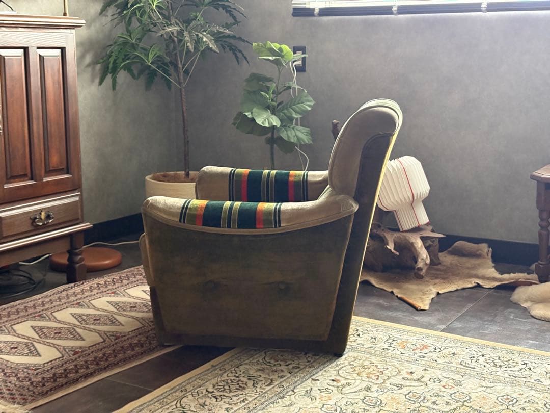 グリーンオレンジストライプ　ミッドセンチュリー　ヴィンテージ　1Pソファ