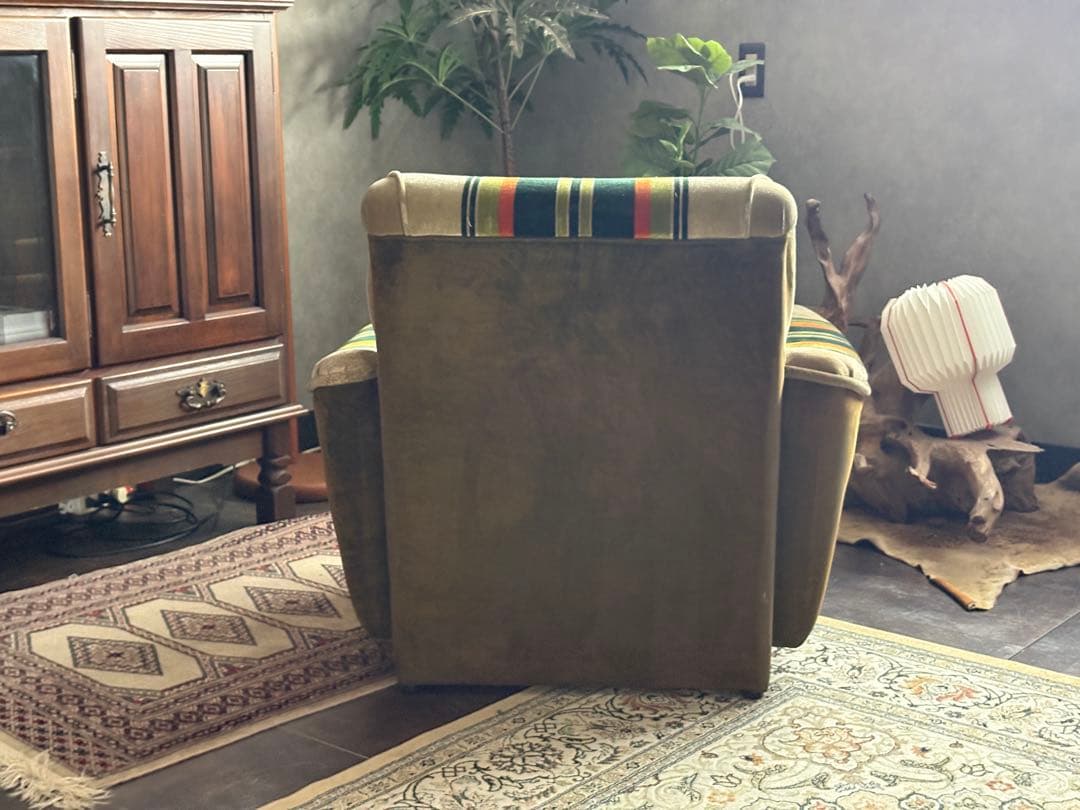 グリーンオレンジストライプ　ミッドセンチュリー　ヴィンテージ　1Pソファ