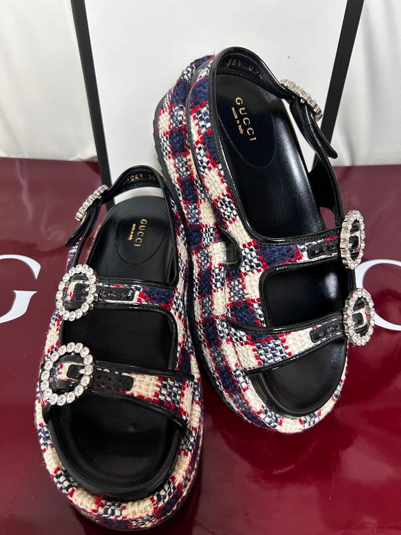 美品GUCCI ビジュー付きチェック柄サンダルサイズ36ハーフ