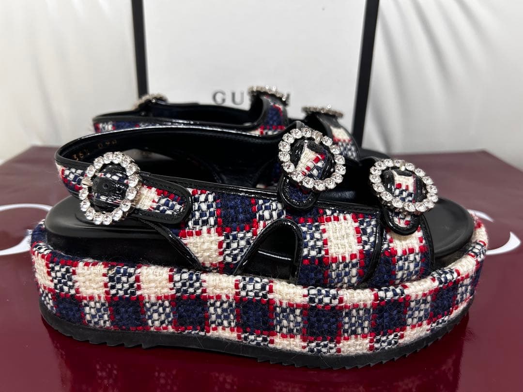 美品GUCCI ビジュー付きチェック柄サンダルサイズ36ハーフ
