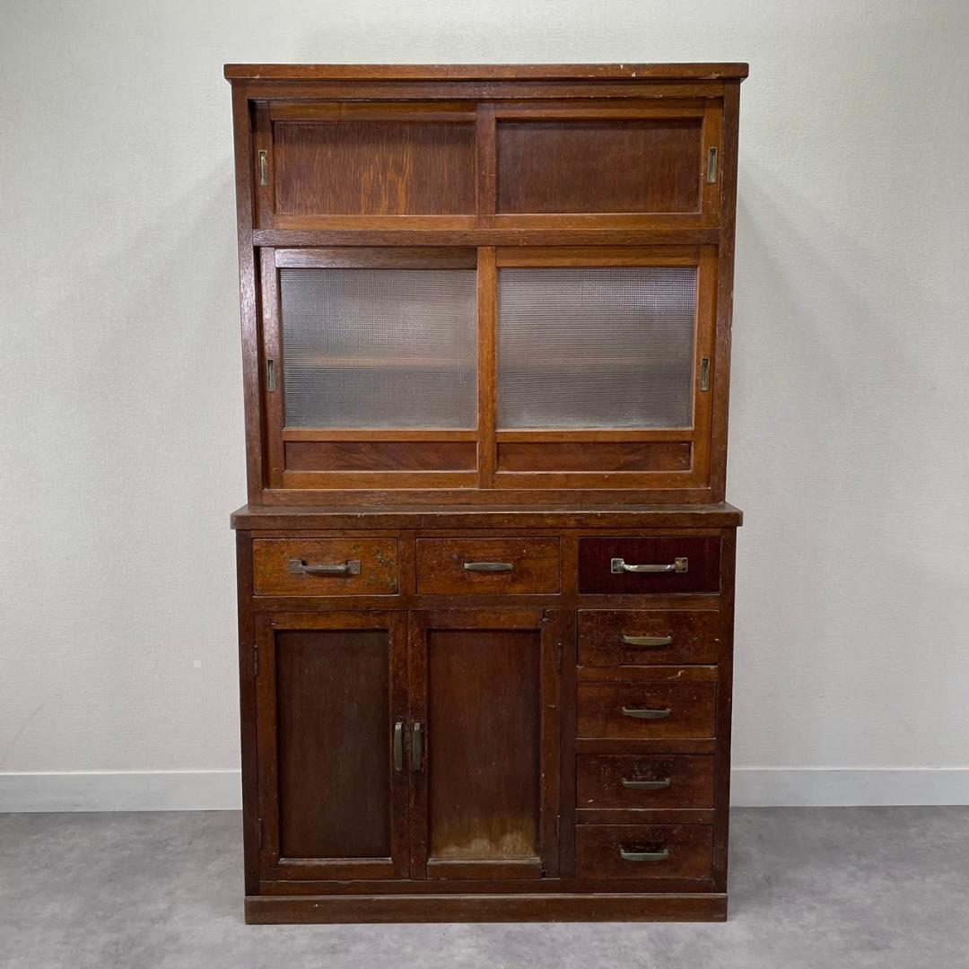 ヴィンテージ チェッカーガラス 食器棚 水屋箪笥 飾り棚 収納棚 和家具