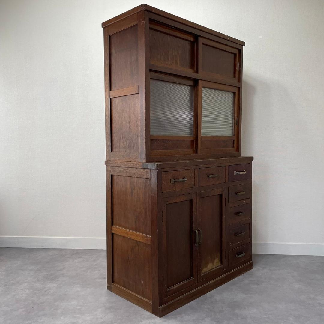 ヴィンテージ チェッカーガラス 食器棚 水屋箪笥 飾り棚 収納棚 和家具