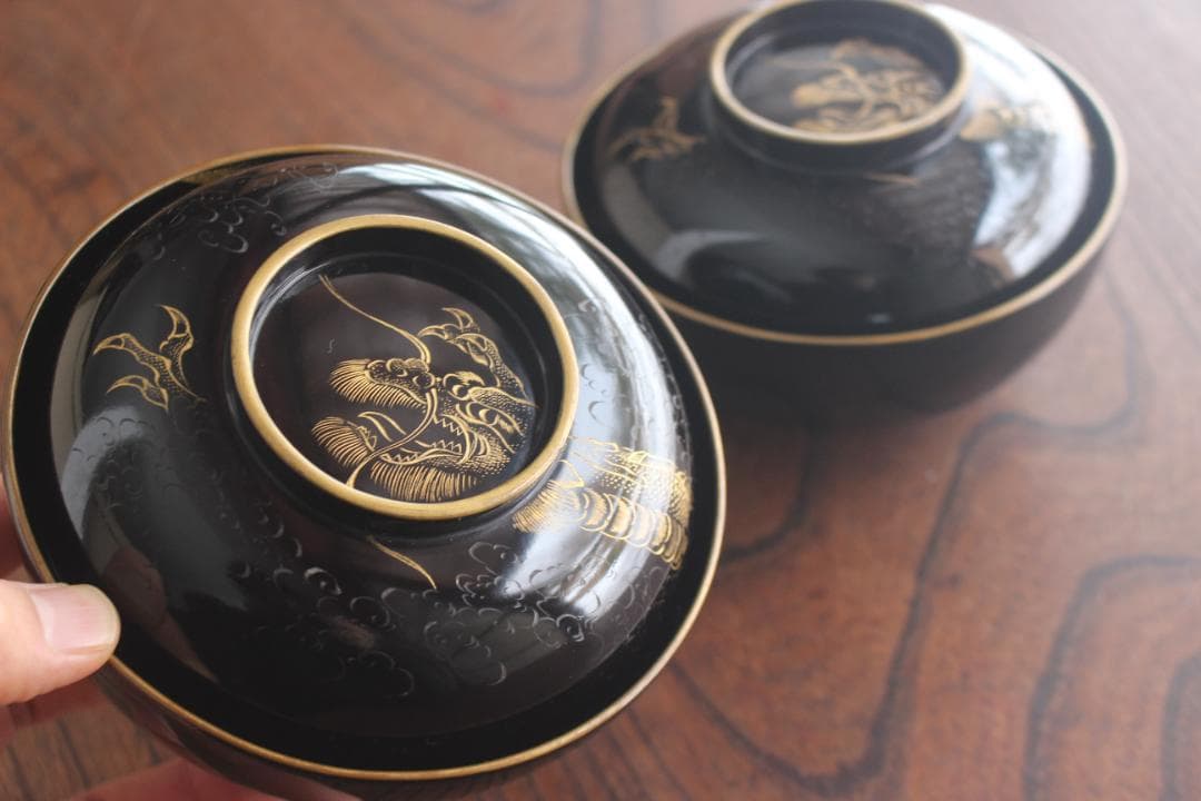 時代逸品！時代金縁黒漆に極上龍富士山沈金の映えるお椀2点（検輪島塗沈金椀懐石椀