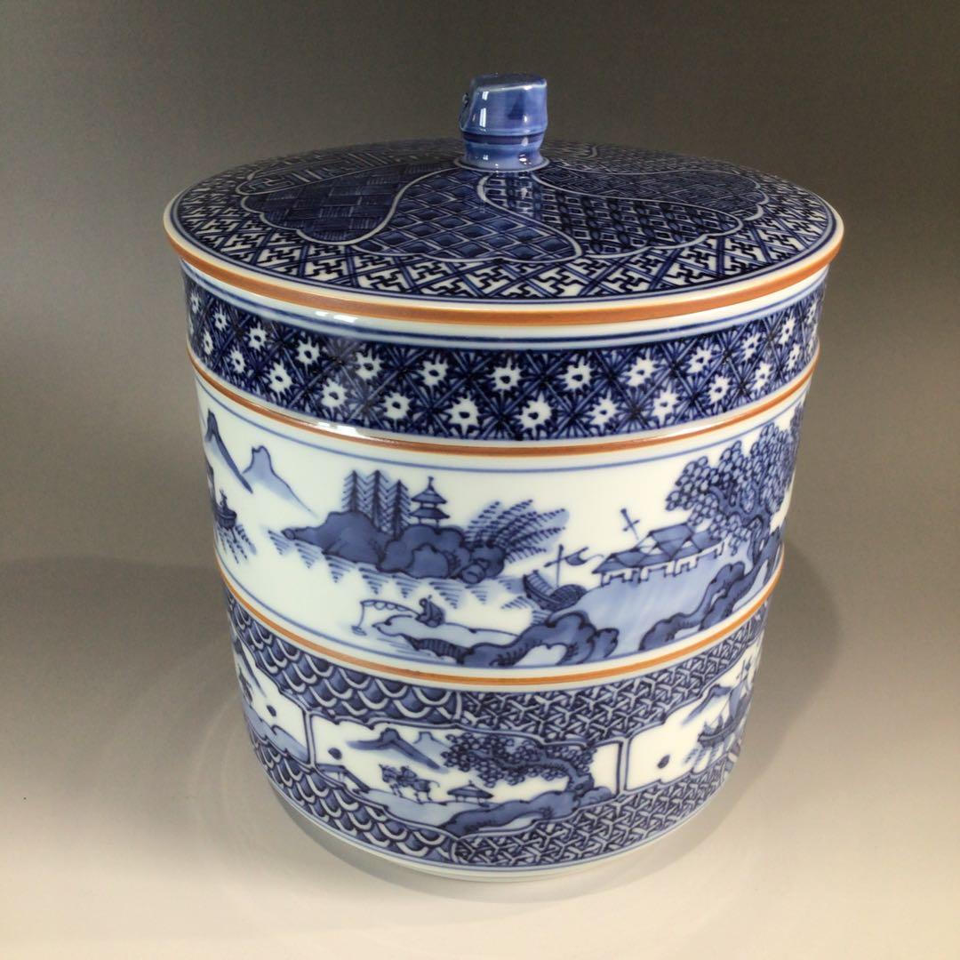 Ｐ７１７　水指　『平安秀峰造』『染付祥瑞写』『一重口水指』　共箱　茶道具