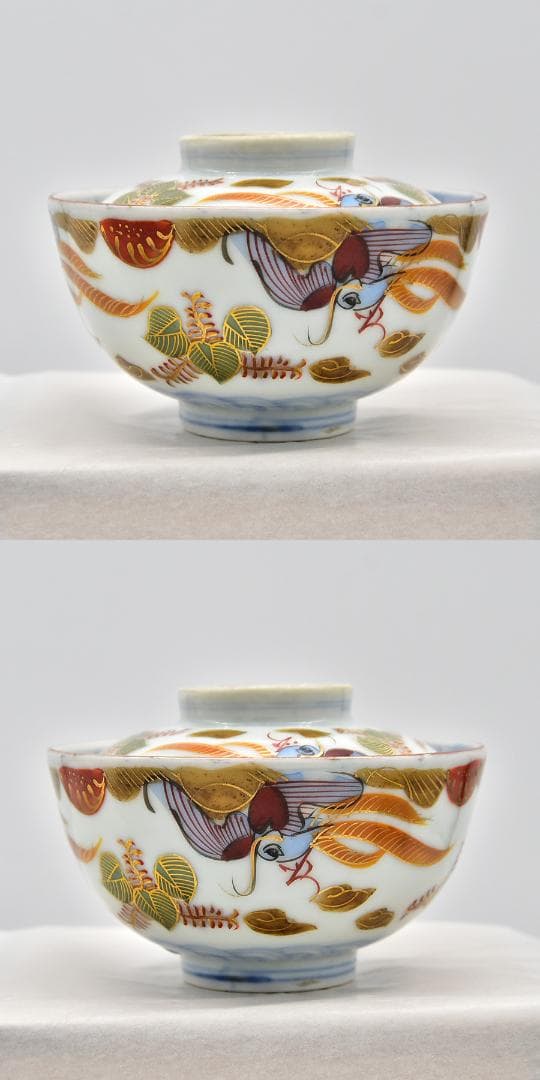 ● 江戸後期 最上手 富貴長春銘 古伊万里 色絵染錦金彩 唐草 蓋茶碗 三客