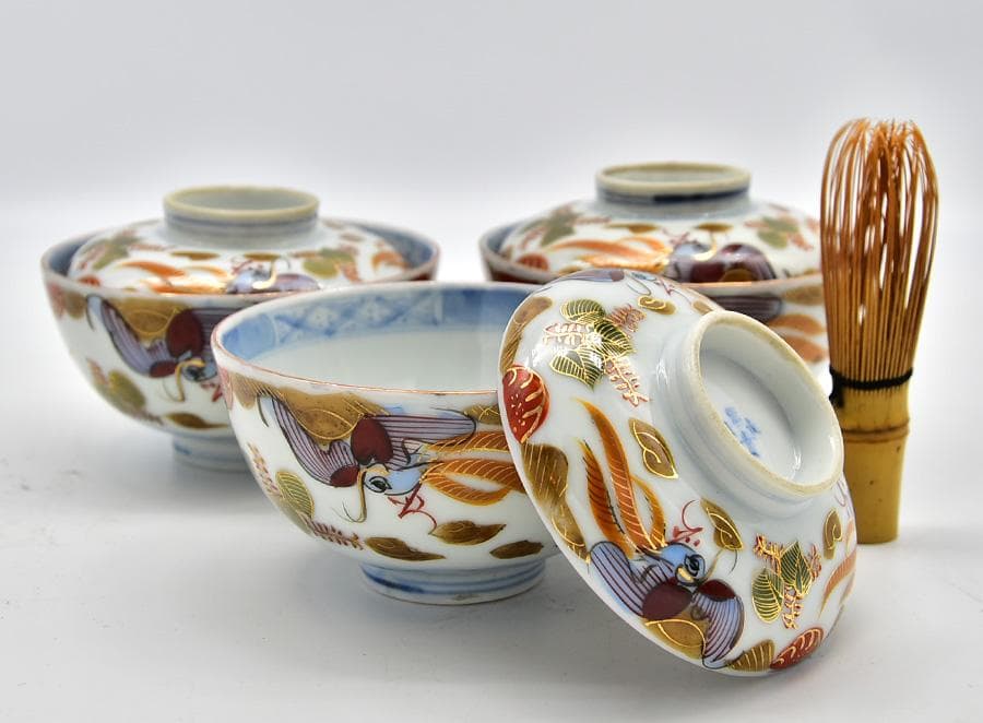 ● 江戸後期 最上手 富貴長春銘 古伊万里 色絵染錦金彩 唐草 蓋茶碗 三客