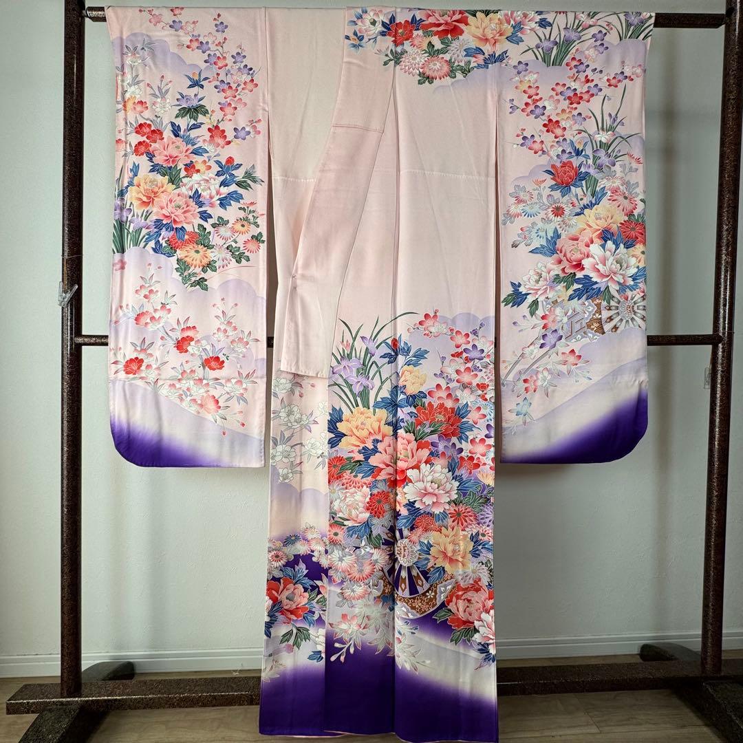 超美品　現代　振袖　成人式　着物　正絹　163裄67 ピンク　紫　パステル