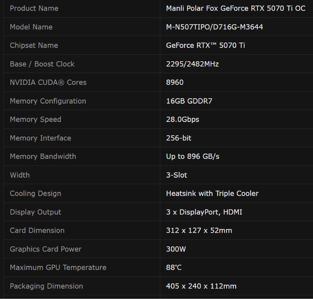 新品未開封 Manli Polar Fox GeForce RTX5070Ti