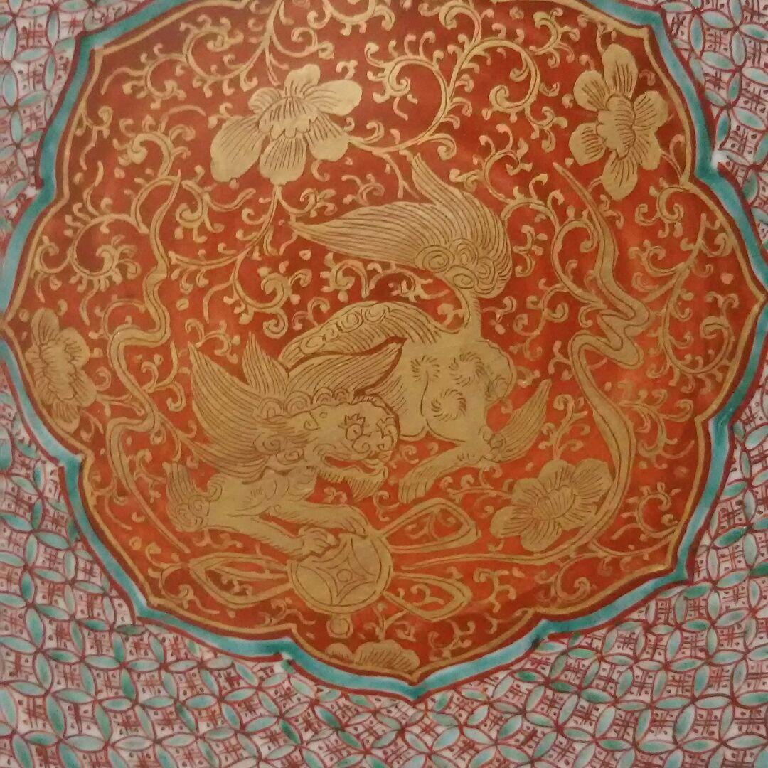 最終お値引き 古九谷 古伊万里 幕末期 金彩赤絵皿 唐獅子文大皿