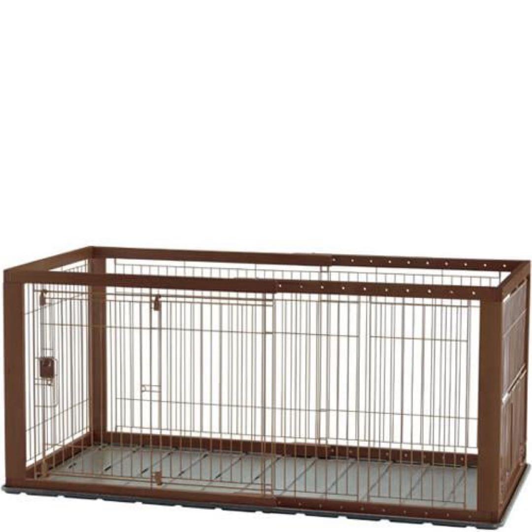 天然木　伸縮木製スライドペットサークル ダークブラウン　屋根・トレイ付き