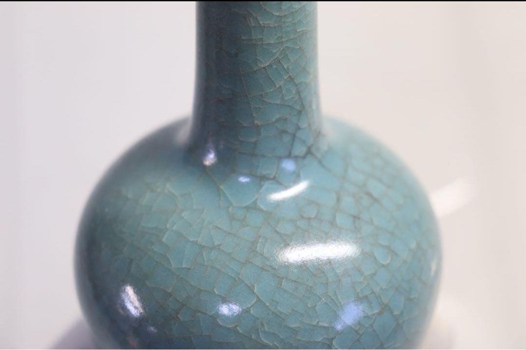 中国　宋時代　天青釉汝窑冰片纹长颈瓶　青磁長頸瓶　七官青磁