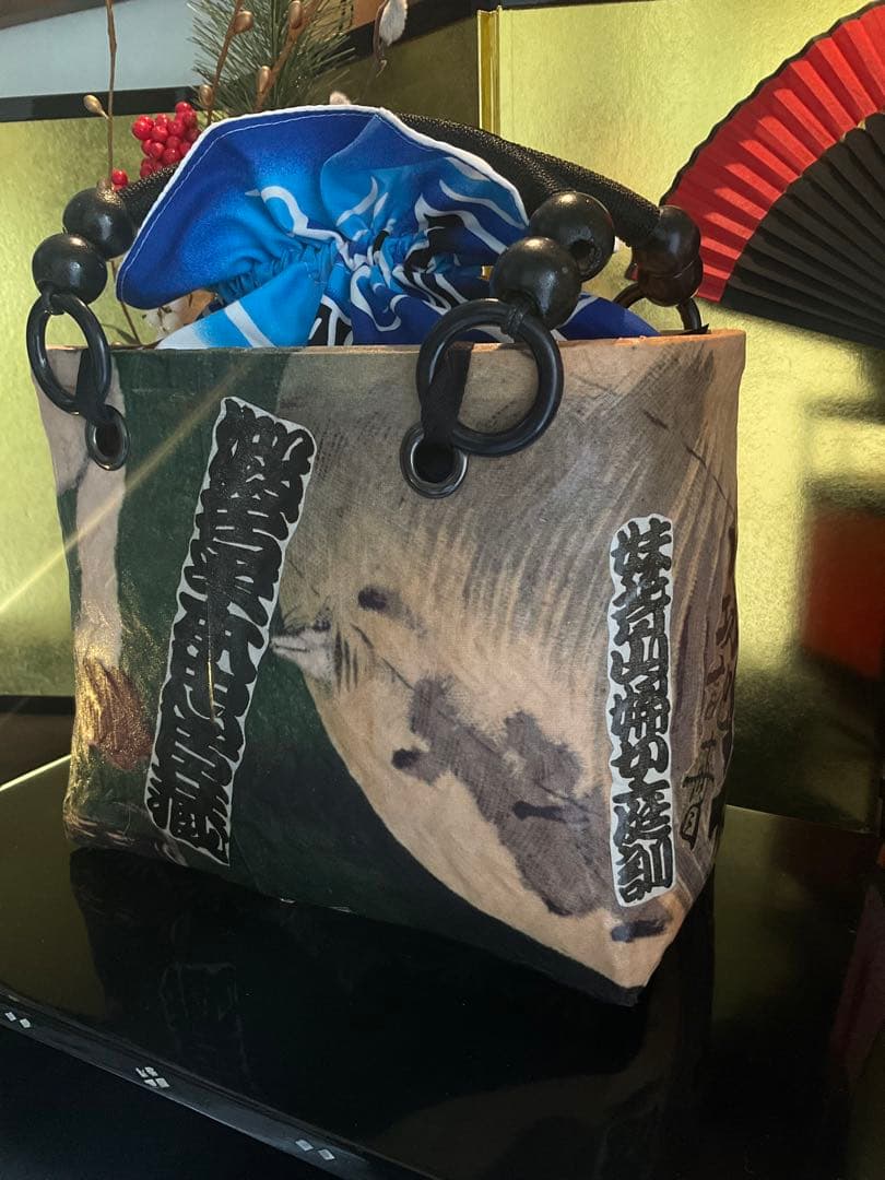 一閑張り　一閑張りバッグ　古文書　和紙　大正　着物　竹籠　小林清親　猫と提灯