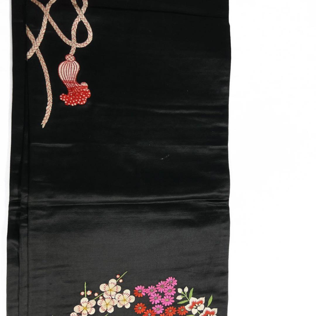 アンティーク　開き名古屋帯　刺繍　打ち出の小槌　鈴　花模様　着物　103a d