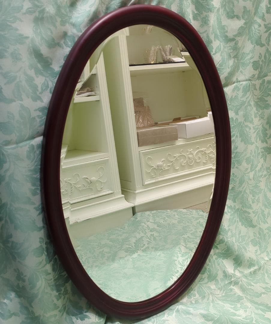 i9【極美品】 オーバルミラー カットガラス 壁掛け 木製 ミッドセンチュリー