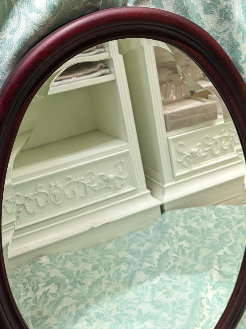 i9【極美品】 オーバルミラー カットガラス 壁掛け 木製 ミッドセンチュリー