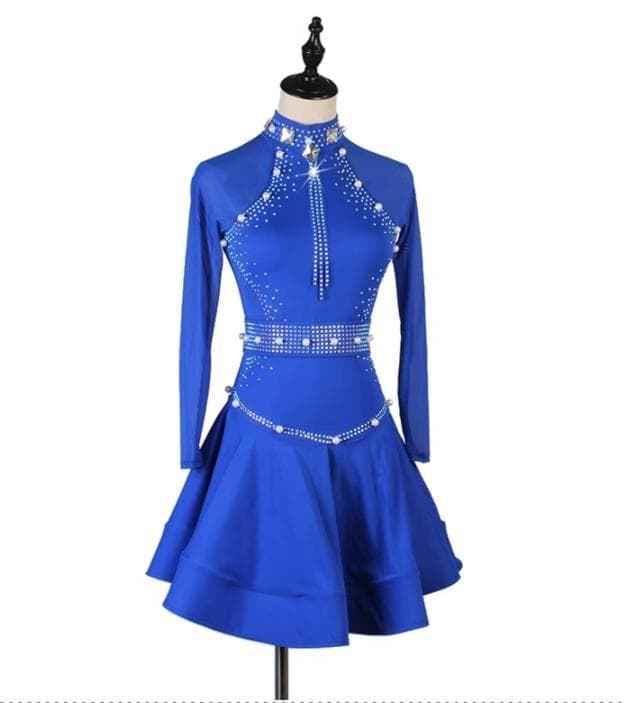 青い長袖ビジュー付きダンスドレス