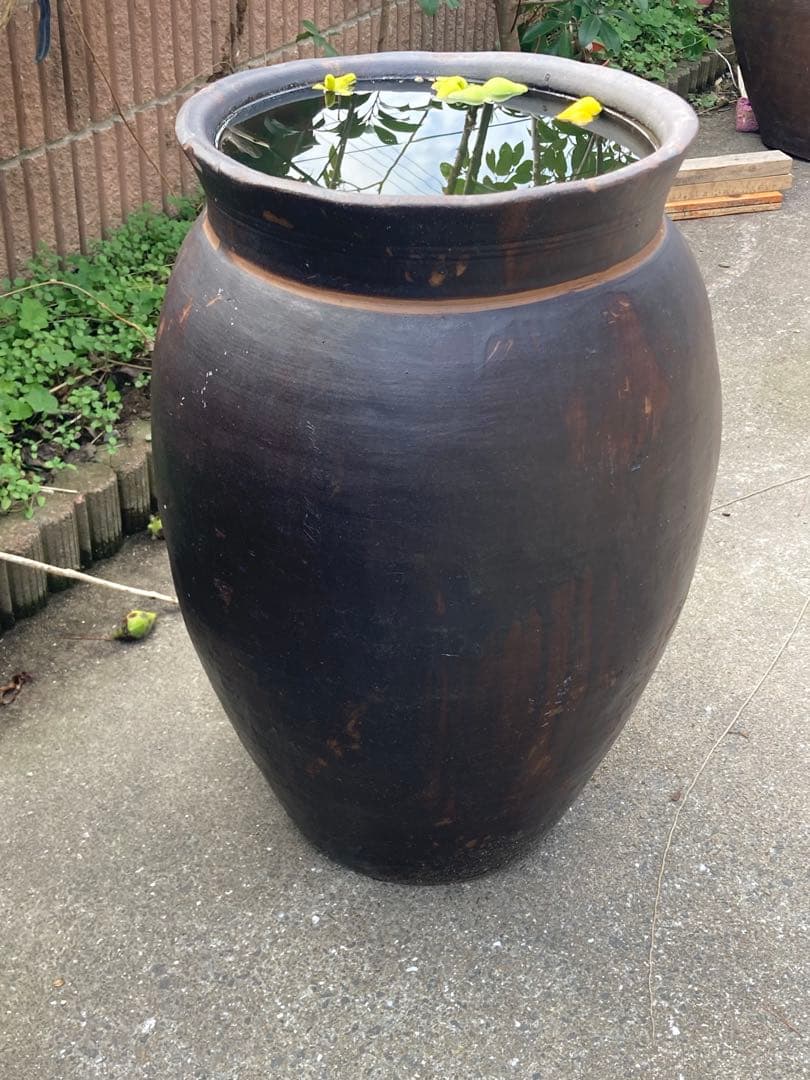 【古民具】大型 渋い黒釉 、ダークブラウン陶器の甕。 アンティークメダカ鉢。