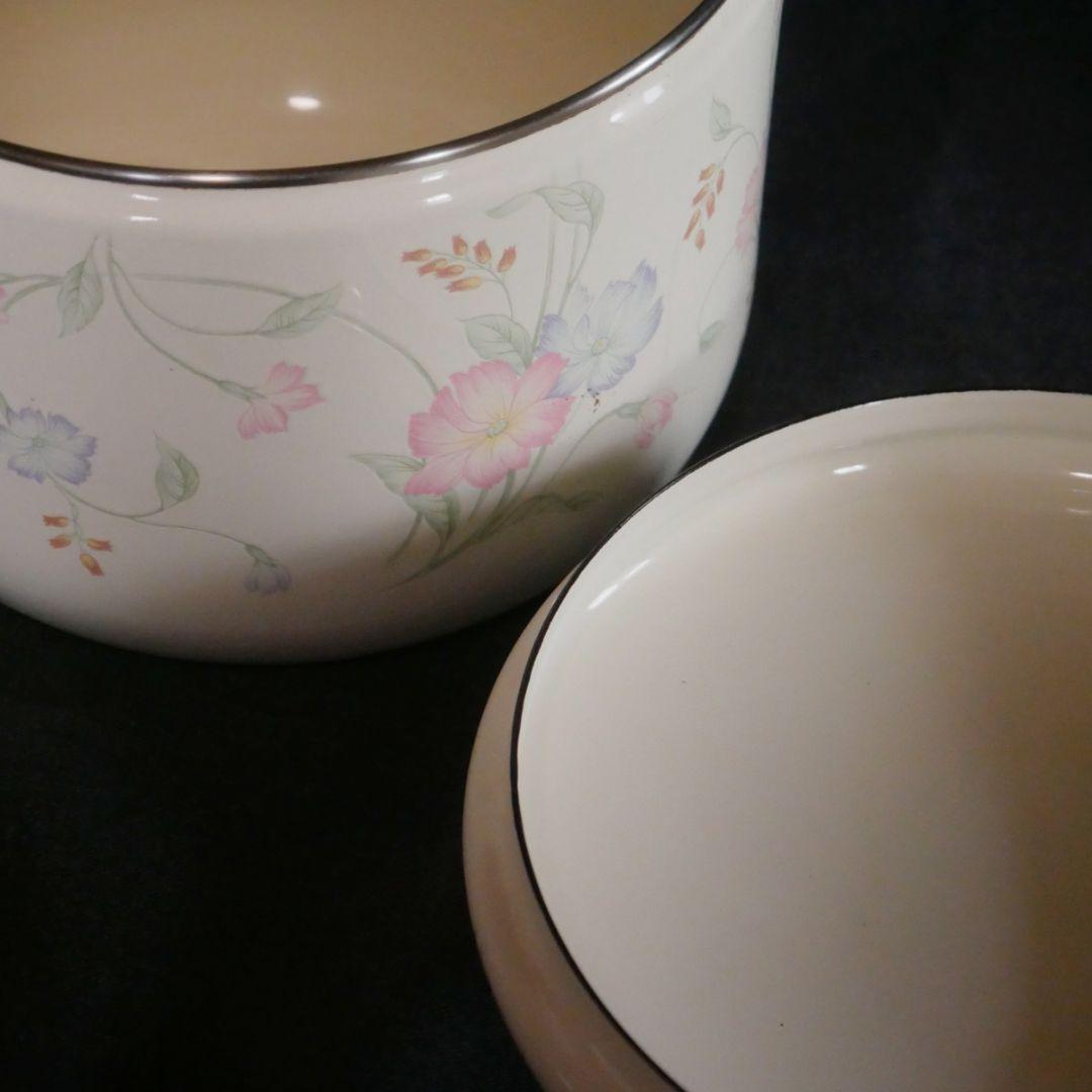 花柄ホーロー両手鍋 昭和レトロ