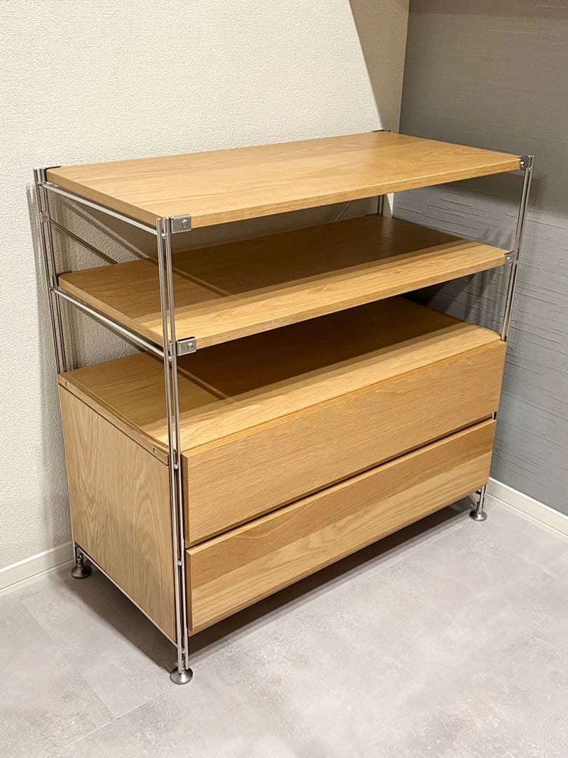 無印良品　ステンレスユニットシェルフ　オーク材棚セット　ワイド　小　引出し・２段