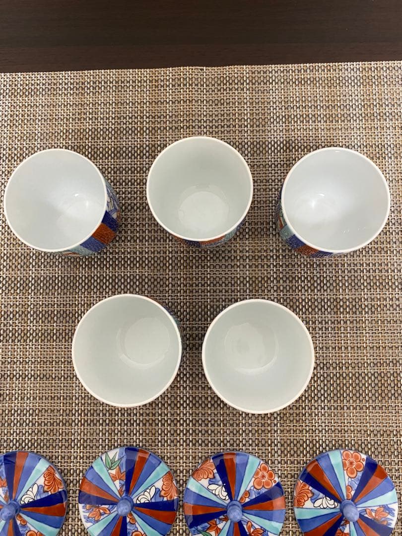 深川製磁　染錦　四君子柄　蓋付煎茶碗 五客セット