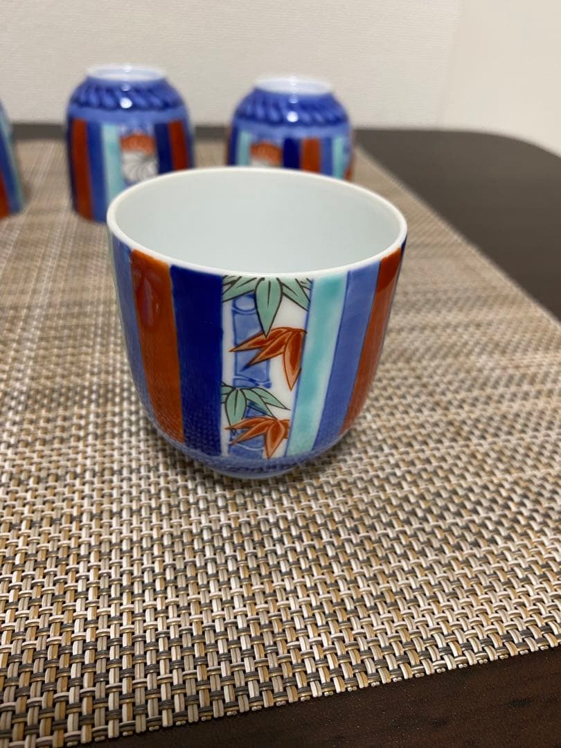 深川製磁　染錦　四君子柄　蓋付煎茶碗 五客セット