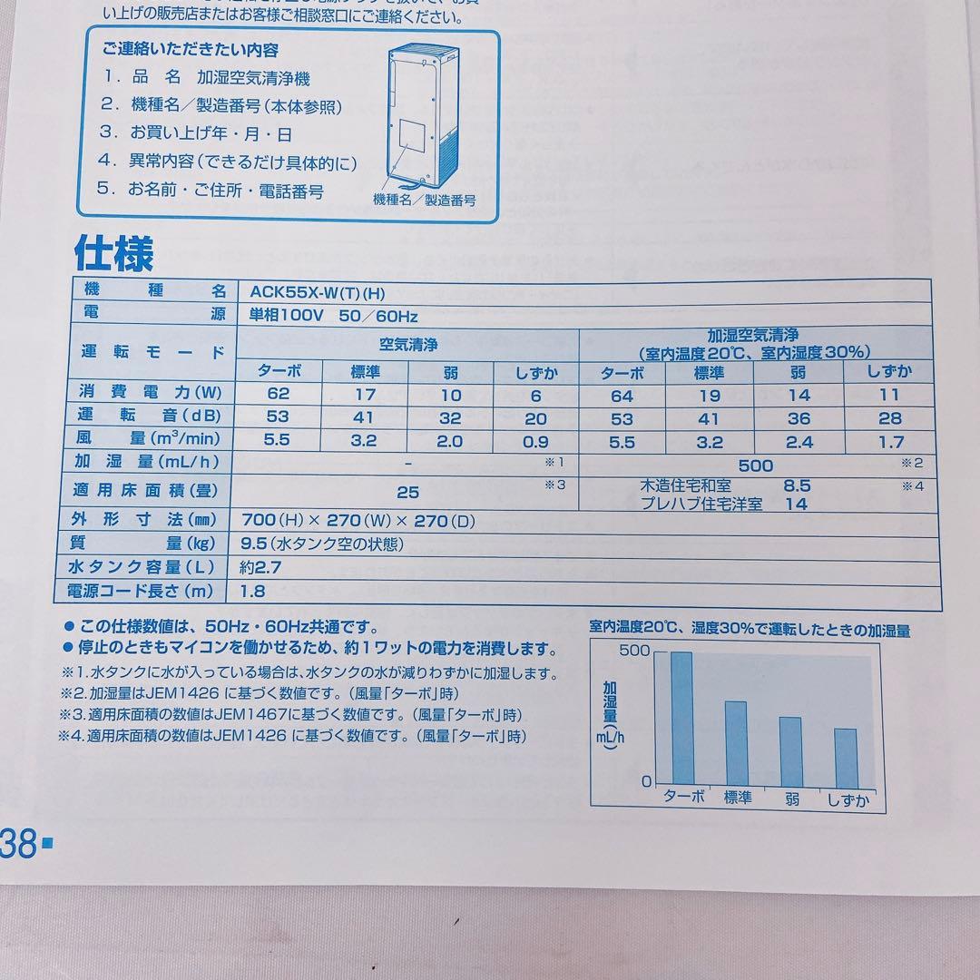 9EM55 DAIKIN ダイキン 加湿空気清浄機 ACK55X-W