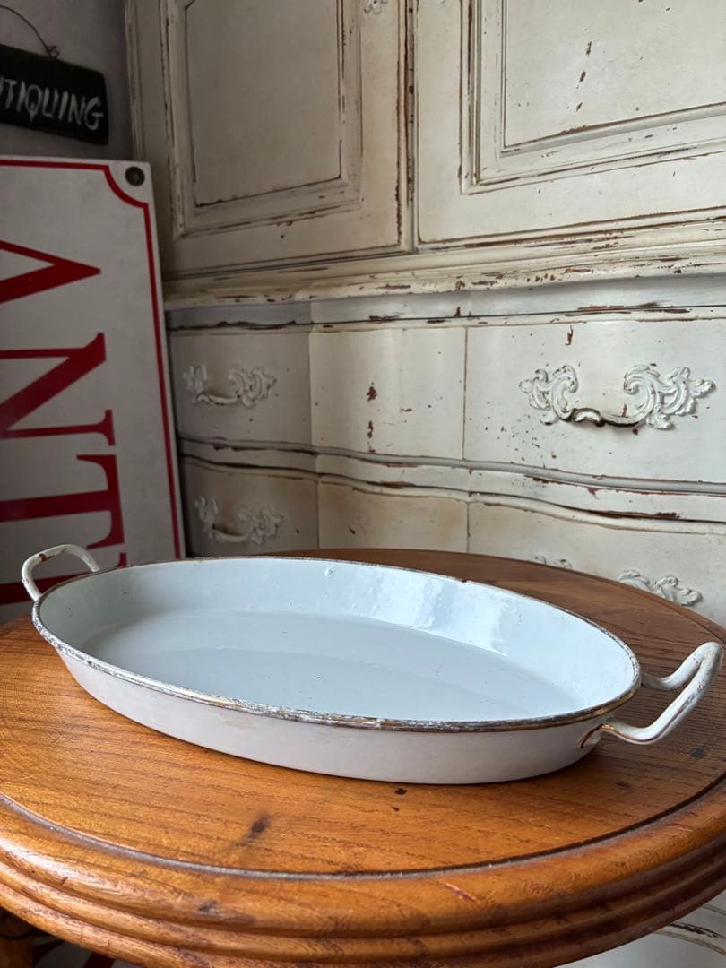 マンズアンティーク　ホーロー プレート　オーバル　お皿　トレイ手書き　レア