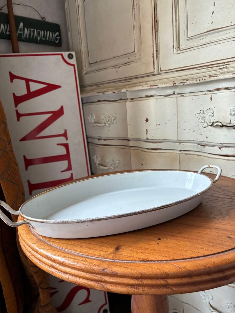 マンズアンティーク　ホーロー プレート　オーバル　お皿　トレイ手書き　レア