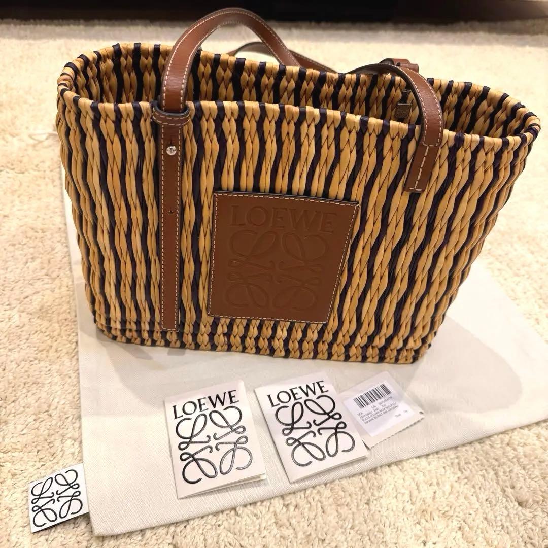 超美品　LOEWEロエベ スクエア バスケットバッグ　ラフィア　ストライプ