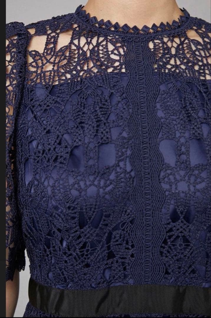 セルフォード　サイズ36 ネイビー レース 半袖 ひざ丈ワンピース