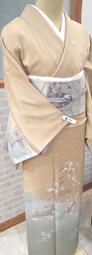 付け下げ訪問着4点フルセット、着物、袋帯、帯締め、帯揚げ