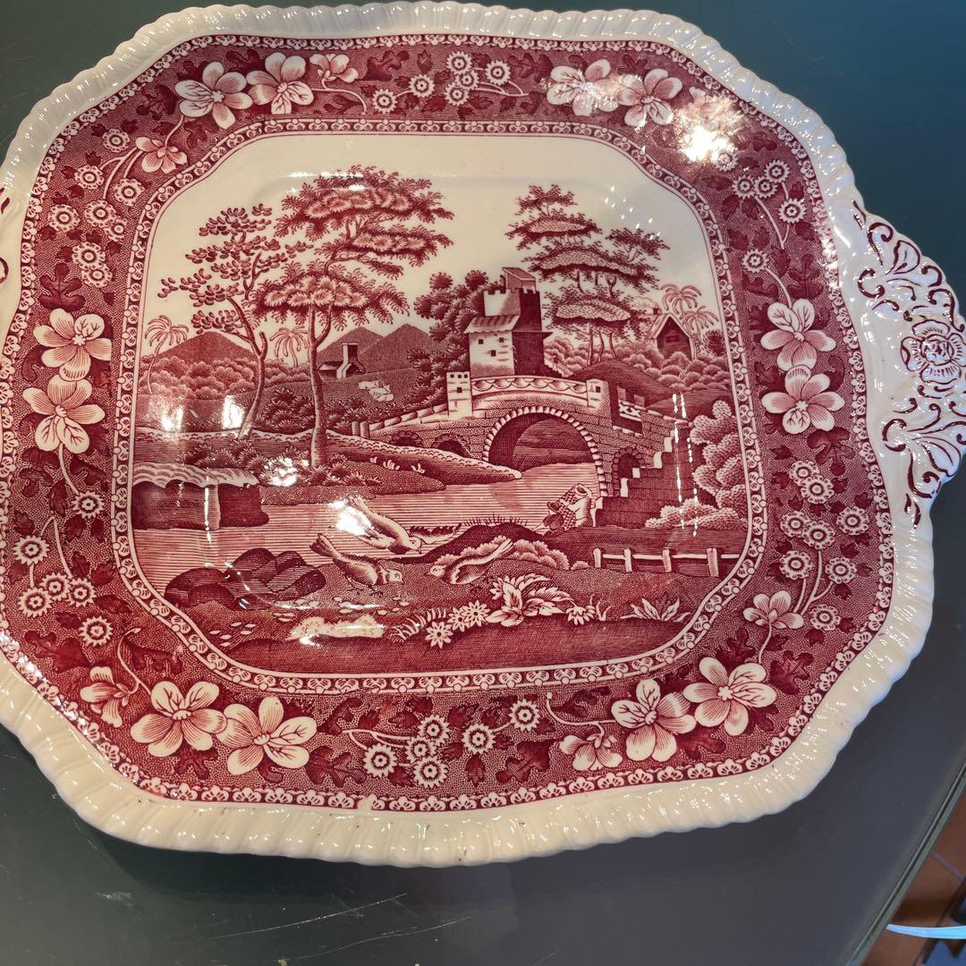 スポード　持ち手付き四角大皿　ピンクタワー　1970年代製Spodeで購入　新品