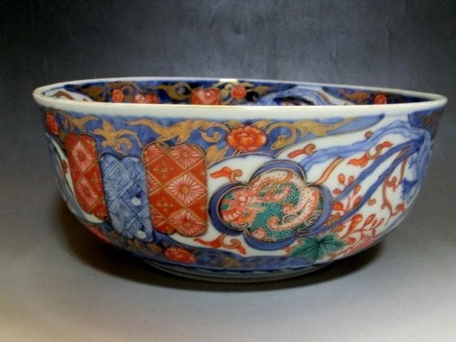 鉢■古伊万里 みごとな大鉢(江戸後期～明治期) 鳳凰紋 窓絵花唐草赤絵 骨董品■