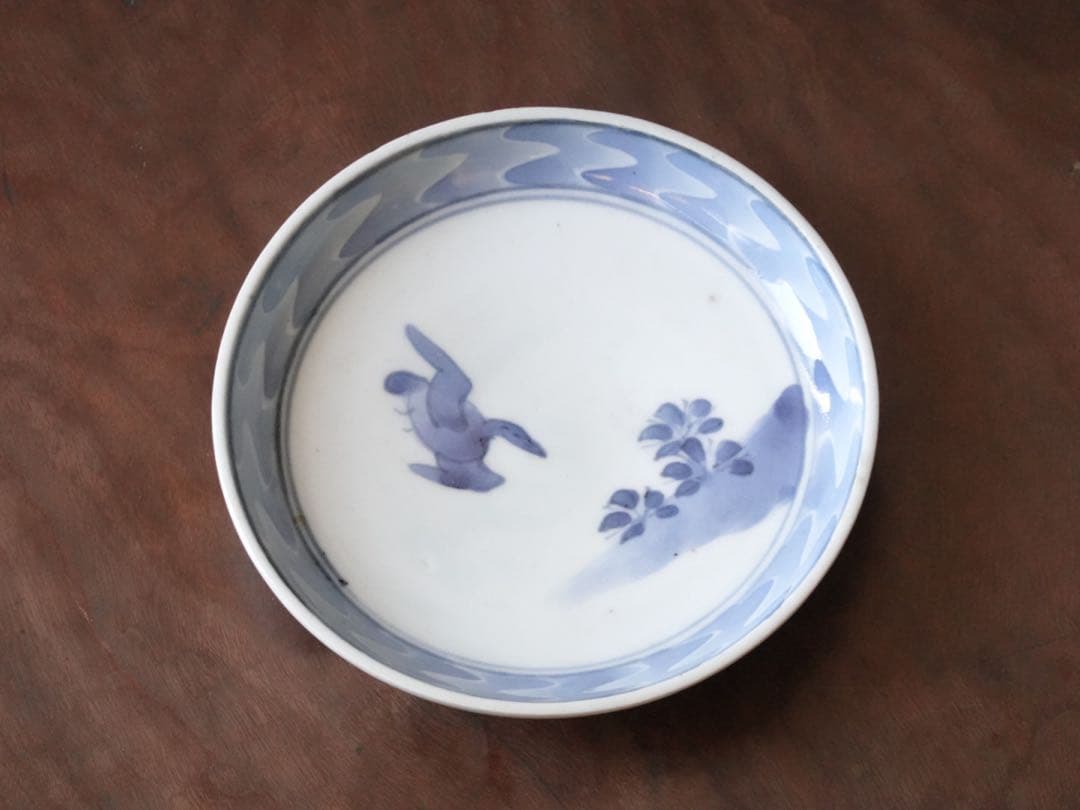 江戸時代　前期　古伊万里　藍九谷　染付　墨弾き縁　花鳥文　皿　小皿　飾皿　食器