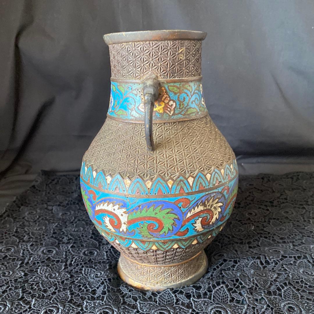 古銅七宝饕餮文耳付瓶/清朝時代-17世紀 銅製/七宝銅胎花器/中国古美術/骨董