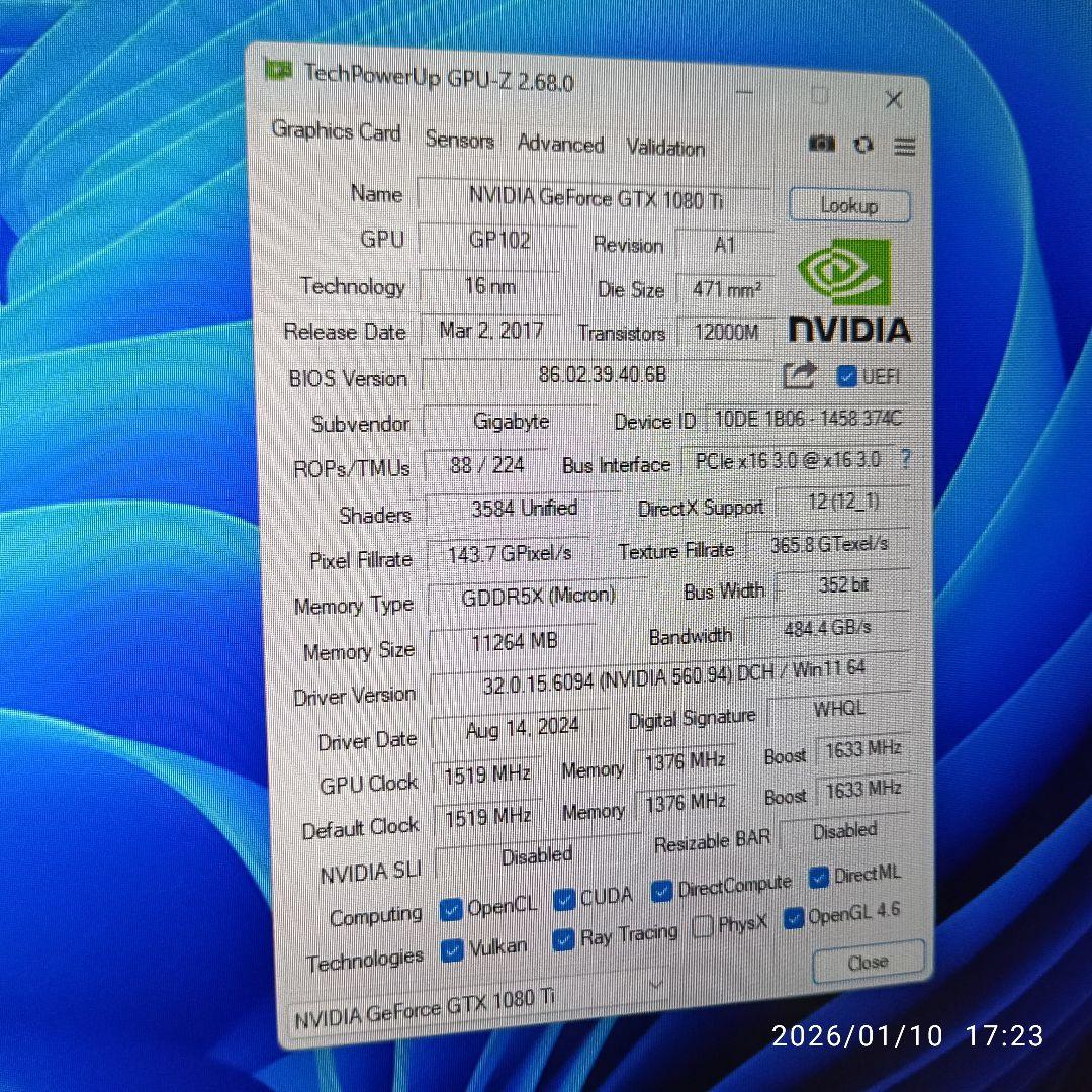 GIGABYTE GTX1080Ti 11G【中古美品】