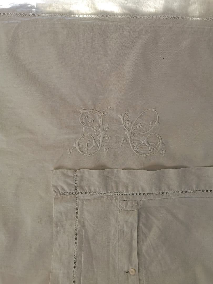 アンティークフランス イニシャル花刺繍 ドローンワーク ラージクッションカバー