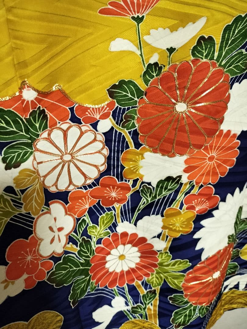 【ひより】正絹　古典柄　振袖リメイクフレアドレス　紺