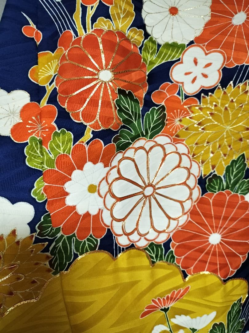 【ひより】正絹　古典柄　振袖リメイクフレアドレス　紺