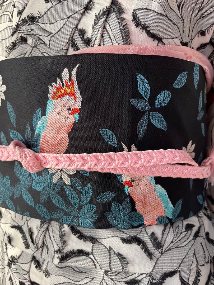 名古屋帯 鳥と花 黒