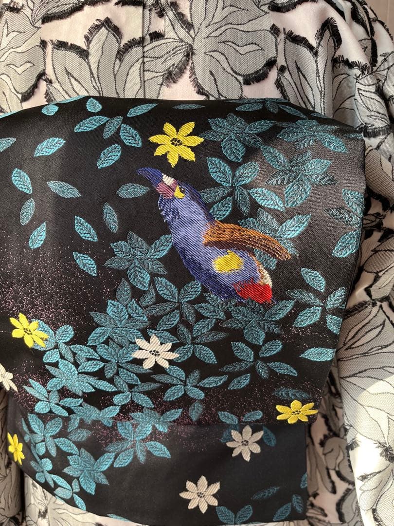 名古屋帯 鳥と花 黒