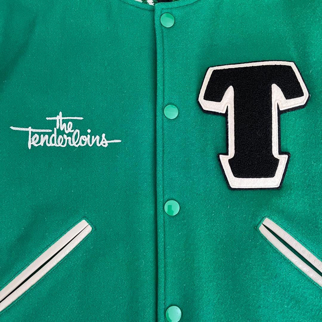 テンダーロイン スタジャン ベースボールジャケット グリーン 袖レザー サイズL