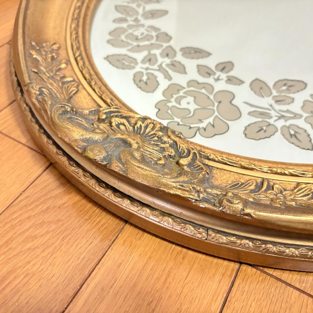 ウォールミラー アンティーク ゴールド装飾 楕円形 壁掛け鏡 レトロ 現状品