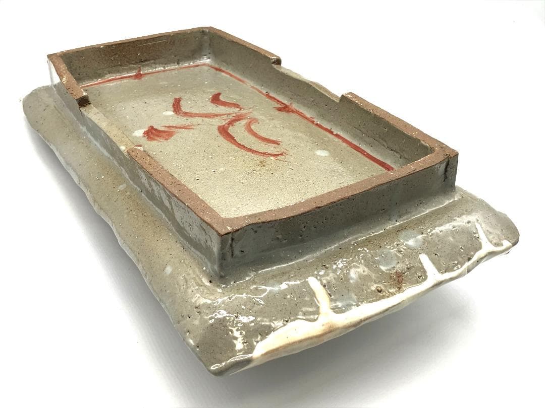 【 古陶磁赤絵 高台角皿 】　厚胎大皿　呉須赤絵/古清水　蔵出骨董