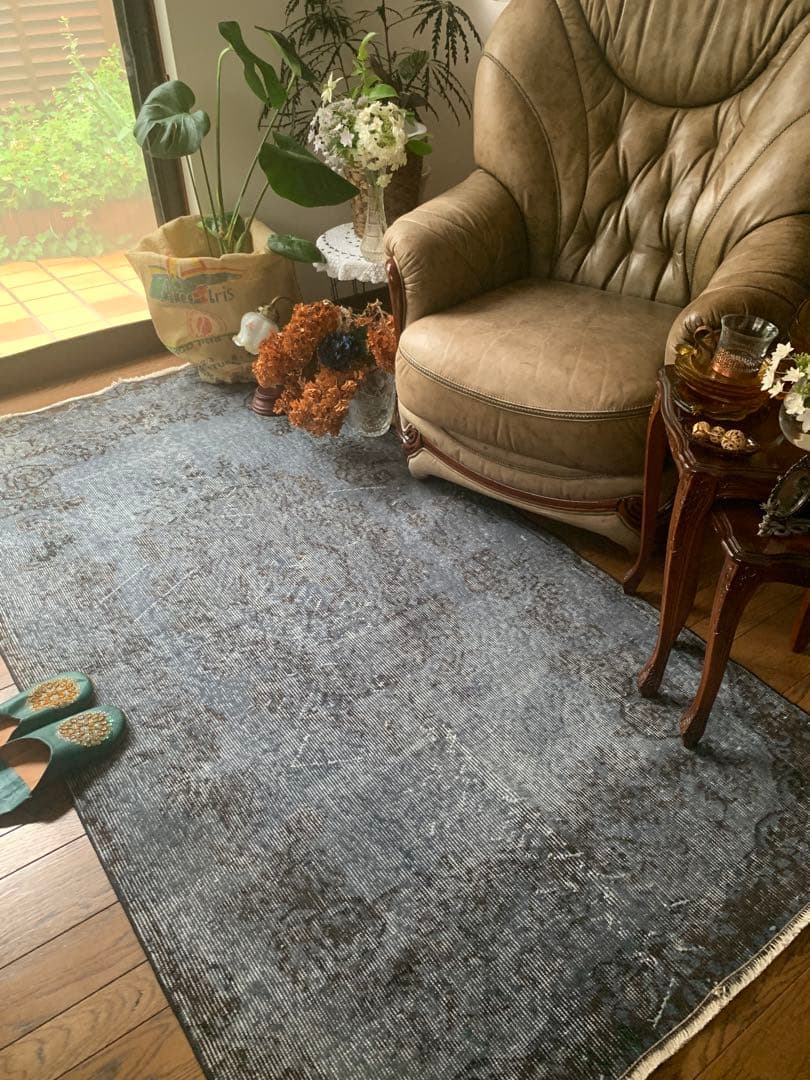 トルコヴィンテージラグ　207×104 グレー　ブラック　チョコ　オーバーダイ