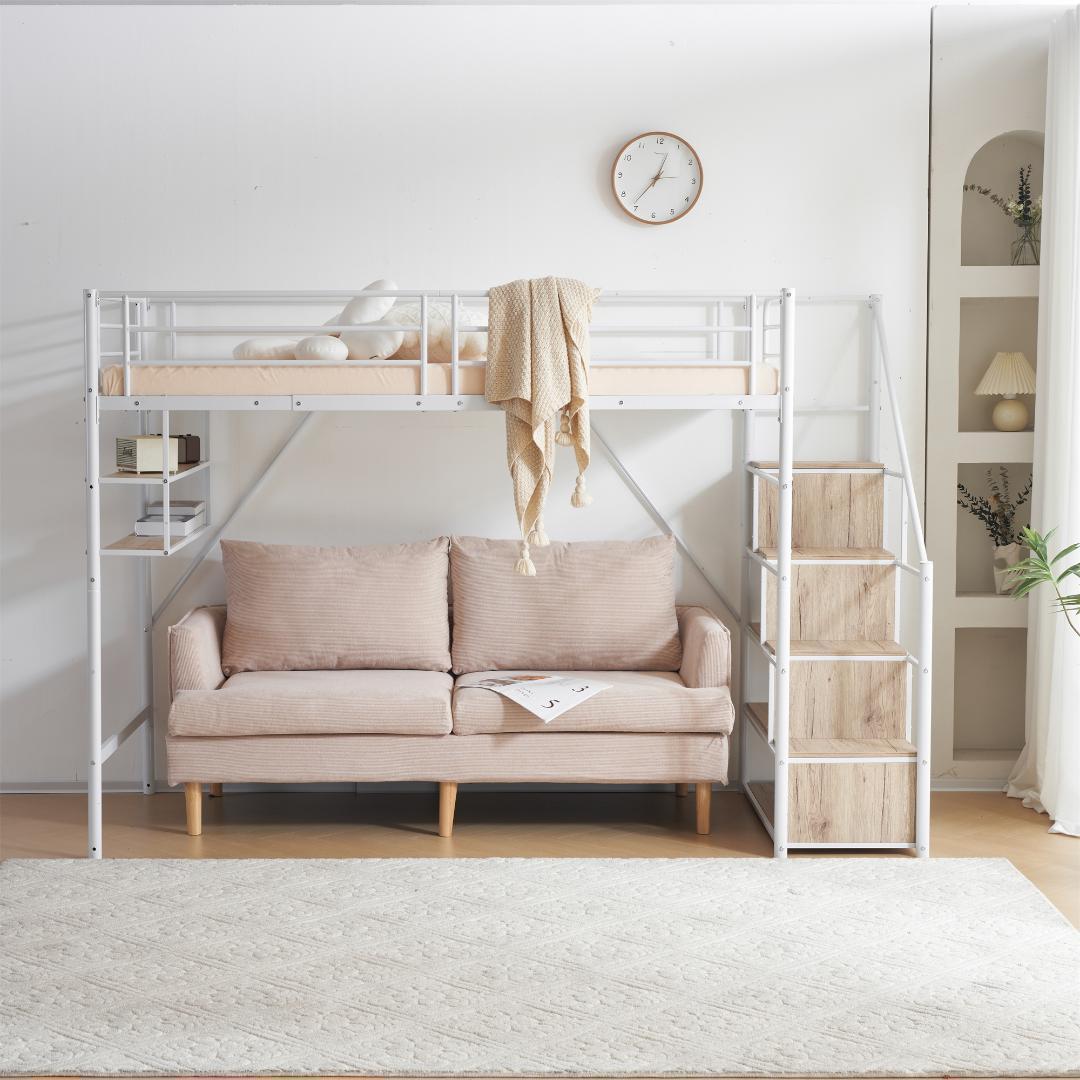 新作 ホワイト　ロフトベッド 片側手すり付き 収納付き パイプベッド