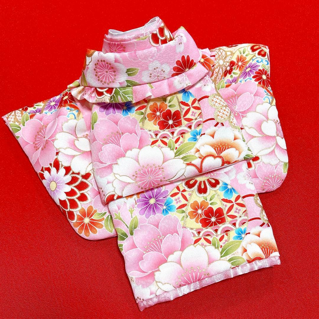 犬の着物✨犬用本格振袖&お被布セット S ピンク 化繊金彩入り 犬服